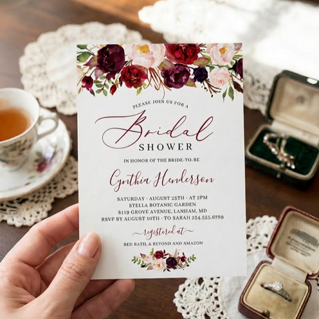 Invitación Calligrafía floral de Boho Borgoña Ducha de novia (Subido por el creador)