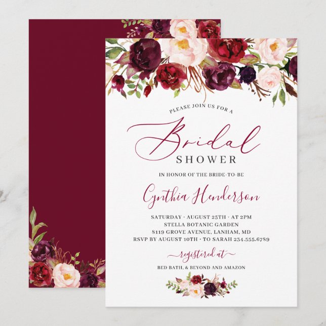 Invitación Calligrafía floral de Boho Borgoña Ducha de novia (Anverso / Reverso)
