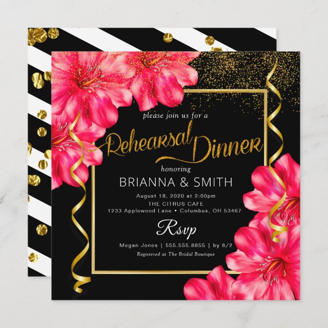 Invitación Calligrafía floral de color Rosado dorado (Anverso / Reverso)