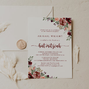 Invitación Calligrafía floral de verano rusa Bat Mitzvah