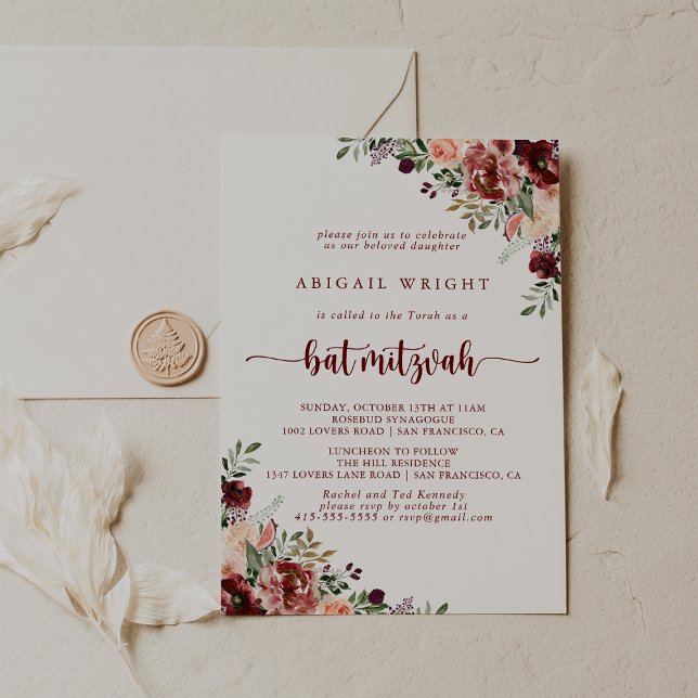 Invitación Calligrafía floral de verano rusa Bat Mitzvah (Subido por el creador)