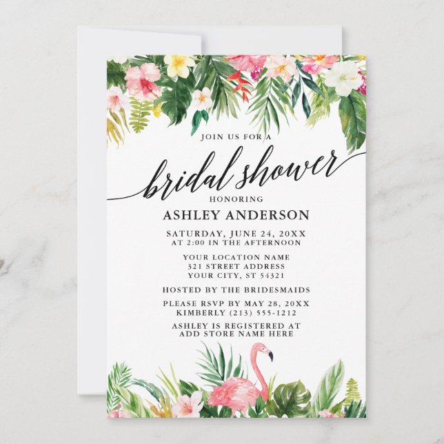 Invitación Calligrafía floral tropical Ducha de novia (Anverso)