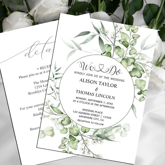 Invitación Calligrafía floral verde sabia simple todo en uno ( wedding invitation card  hand-painted winter greenery, #greenery #sagegreen #greenandwhite #chic)