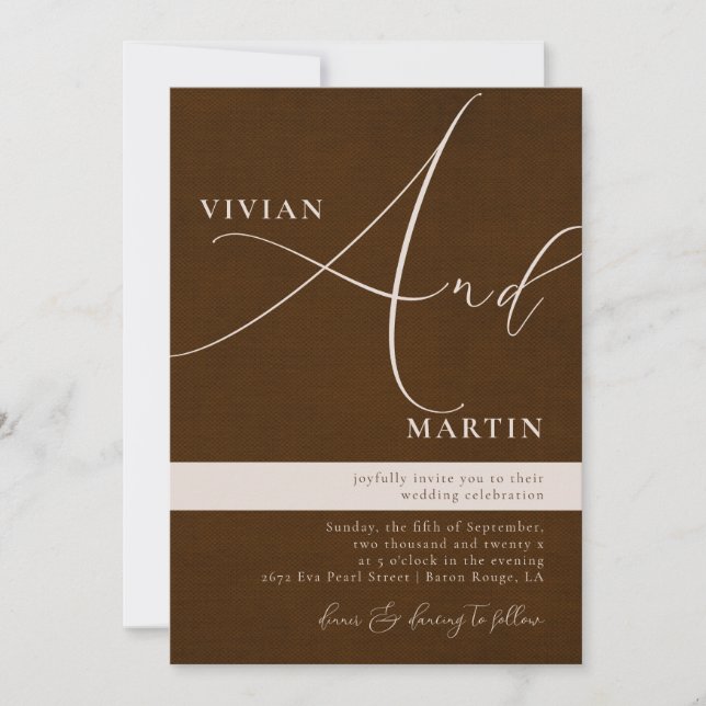 Invitación Calligrafía Gran Negrita "Y" Espresso Brown Boda (Anverso)