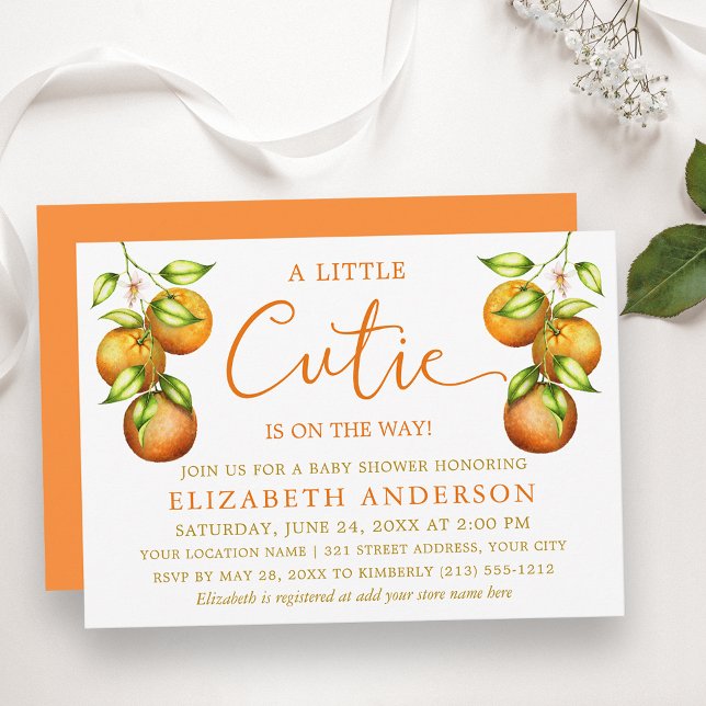 Invitación Calligrafía Little Cutie Baby Shower Naranja Gold (Customize to change text size, color, style or to change color of back of card.)