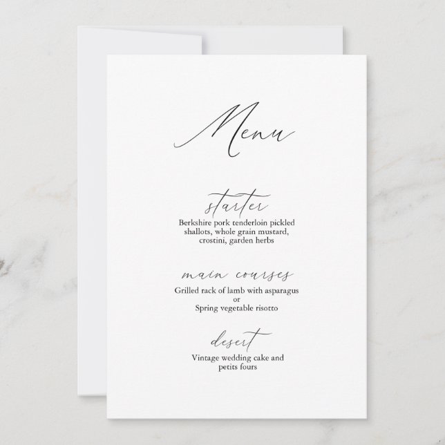 Invitación Calligrafía moderna Menú Boda romántico (Anverso)