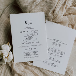 Invitación Calligrafía negra romántica todo en un Boda