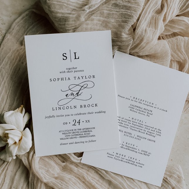 Invitación Calligrafía negra romántica todo en un Boda (Subido por el creador)