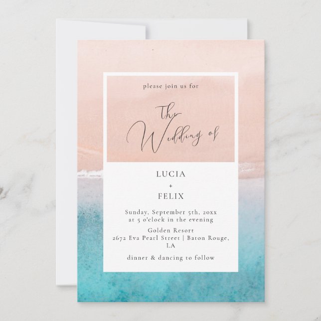 Invitación Calligrafía Océano Deep Blue Beach Wedding (Anverso)