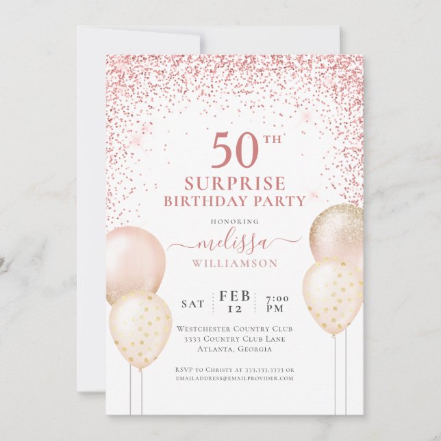 Invitación Calligrafía Purpurina rosa sorpresa 50 cumpleaños (Anverso)