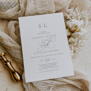 Invitación Calligrafía romántica Boda de monograma azul tur