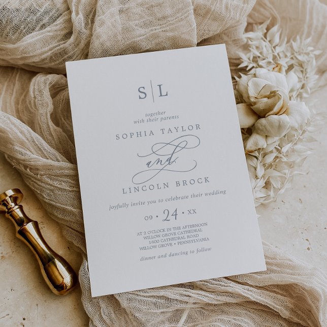 Invitación Calligrafía romántica | Boda de monograma azul tur (Subido por el creador)