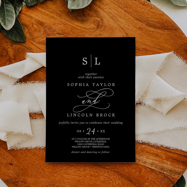 Invitación Calligrafía romántica | Boda de monograma negro (Subido por el creador)