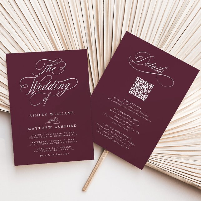 Invitación Calligrafía romántica borgoñona en un solo Boda (Front & Back)