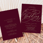 Invitación Calligrafía romántica de Borgoña, todo en un Boda<br><div class="desc">Esta romántica caligrafía burdeos en una sola invitación a la boda es perfecta para un simple boda. El moderno diseño clásico presenta vistosos remolinos y florituras con una preciosa y elegante tipografía de Relieve metalizado de oro con chaflán a mano con letras falsas y oro. Guarde el papel incluyendo los...</div>