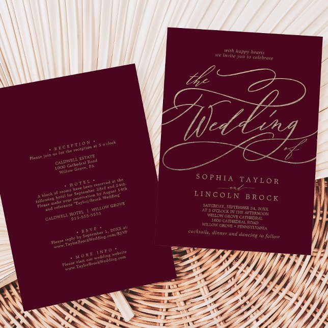 Invitación Calligrafía romántica de Borgoña, todo en un Boda (Subido por el creador)