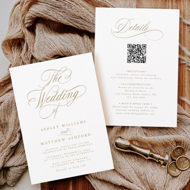 Invitación Calligrafía romántica dorada en un solo Boda (Front & Back)