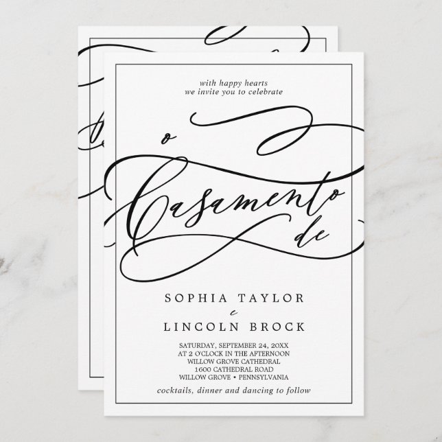 Invitación Calligrafía romántica en un Boda portugués (Anverso / Reverso)