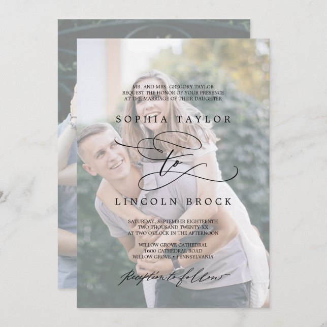 Invitación Calligrafía romántica | Faded Photo Formal Boda (Anverso / Reverso)