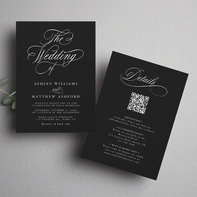 Invitación Calligrafía romántica negra en un solo Boda (Front & Back)
