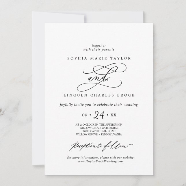 Invitación Calligrafía romántica | Nombre completo Boda flore (Anverso)