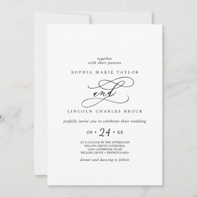 Invitación Calligrafía romántica | Nombre completo Boda flore (Anverso)