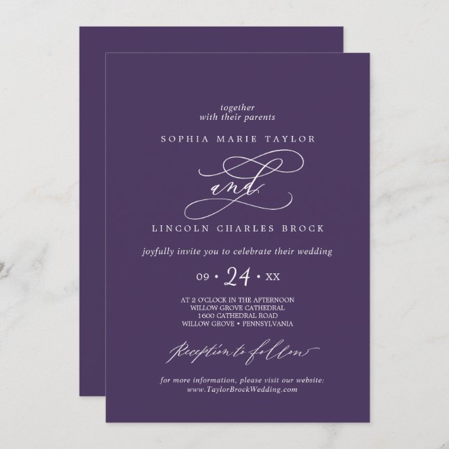 Invitación Calligrafía romántica Plum Purple Flourier Boda (Anverso / Reverso)