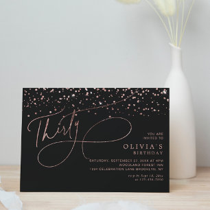 Invitación Calligrafía Rosa Negro Confetti 30 cumpleaños