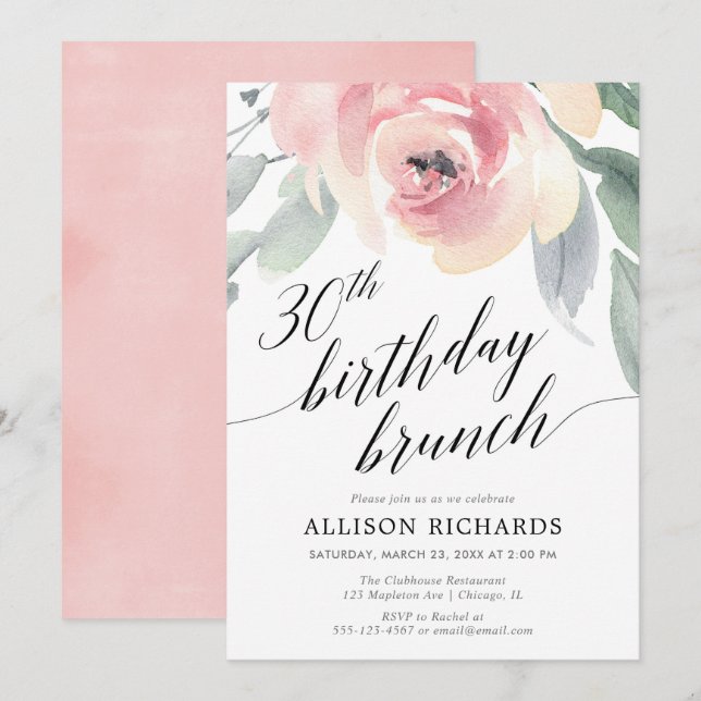 Invitación Calligrafía ruborizada floral brunch de 30 años (Anverso / Reverso)