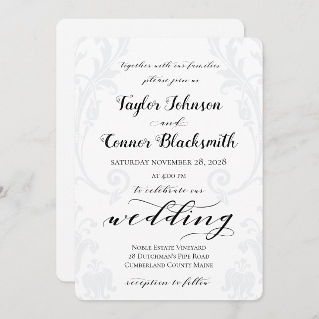 Invitación Calligrafía rusa Matrimonio Damasco de Acanthus (Anverso / Reverso)