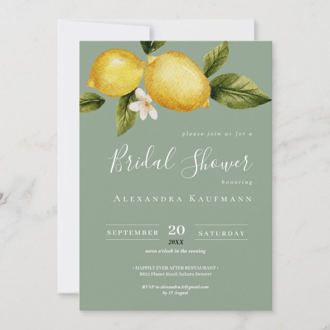 Invitación Calligrafía simple de limón Italia ducha de novia (Anverso)