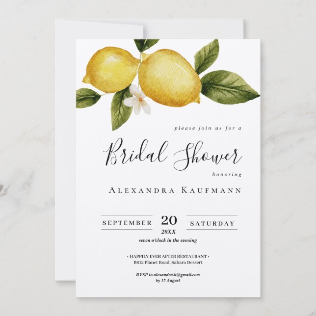 Invitación Calligrafía simple de limón Italia ducha de novia (Anverso)