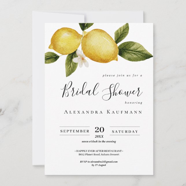 Invitación Calligrafía simple de limón Italia ducha de novia (Anverso)