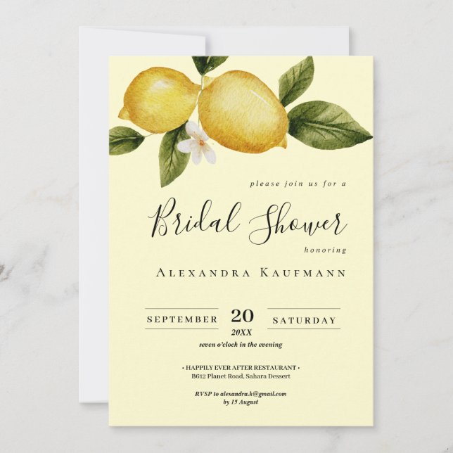 Invitación Calligrafía simple de limón Italia ducha de novia (Anverso)
