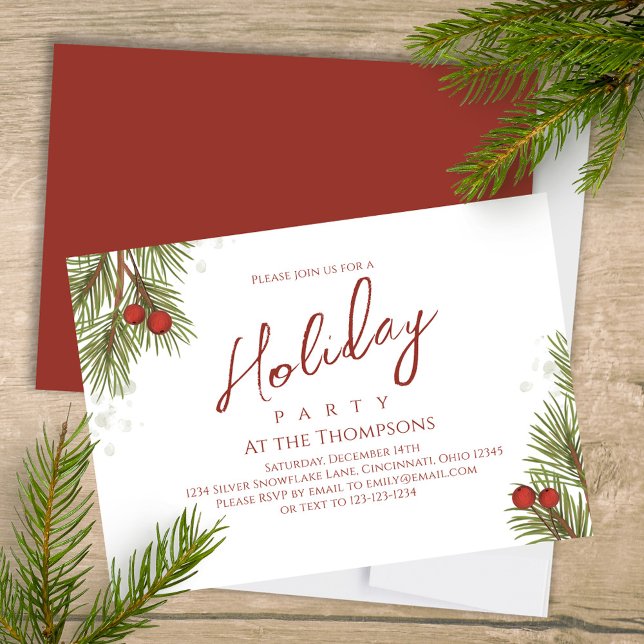Invitación Calligrafía simple Holiday Script Greenery Berries (Elegant silver and pine branches greenery holiday Christmas party invitation. )