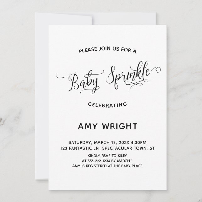 Invitación Calligrafía simple y elegante Bebé Sprinkle (Anverso)