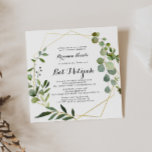 Invitación Calligrafía tropical de oro geométrico Bat Mitzvah<br><div class="desc">Esta invitación geométrica de oro tropical caligrafía murciélago mitzvah es perfecta para un simple mitzvah murciélago. El diseño está decorado con hermosas hojas verdes pintadas a mano,  adornando un marco geométrico dorado.</div>