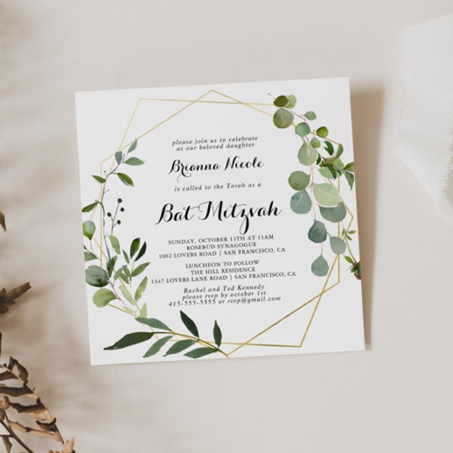 Invitación Calligrafía tropical de oro geométrico Bat Mitzvah (Subido por el creador)