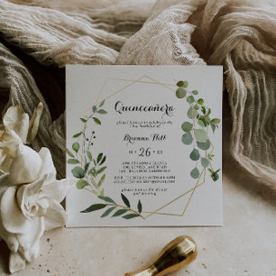 Invitación Calligrafía tropical de oro geométrico Quinceañera