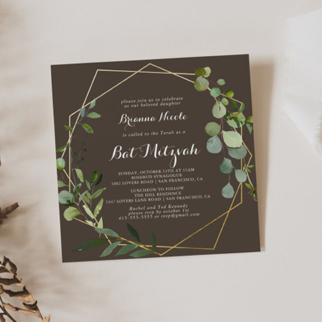 Invitación Calligrafía verde verde ocre geométrica Mitzvah (Subido por el creador)