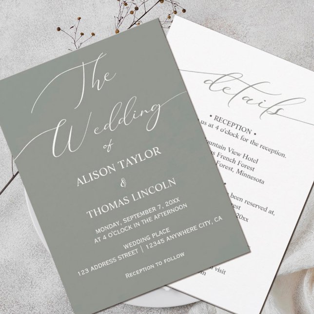 Invitación Calligrafía verde y blanca sabia simple todo en un (#simplelightgreen #allinone#romantic #modern #weddinginvitation)