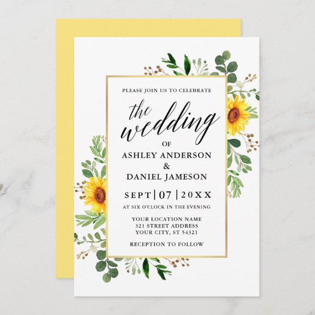 Invitación Calligrafía Watercolor Greenery Sunflowers Boda (Anverso / Reverso)