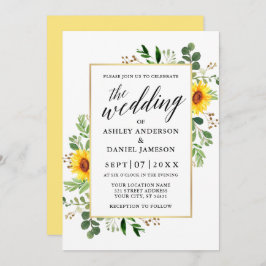 Invitación Calligrafía Watercolor Greenery Sunflowers Boda
