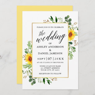Invitación Calligrafía Watercolor Greenery Sunflowers Boda