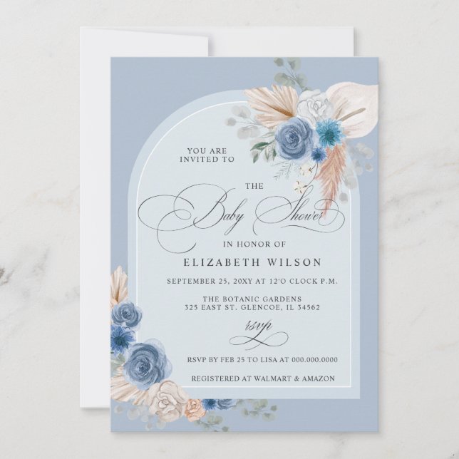 Invitación Calligraphy Boho Dusty Blue Pampas Baby Shower (Anverso)
