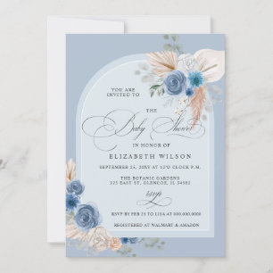 Invitación Calligraphy Boho Dusty Blue Pampas Baby Shower