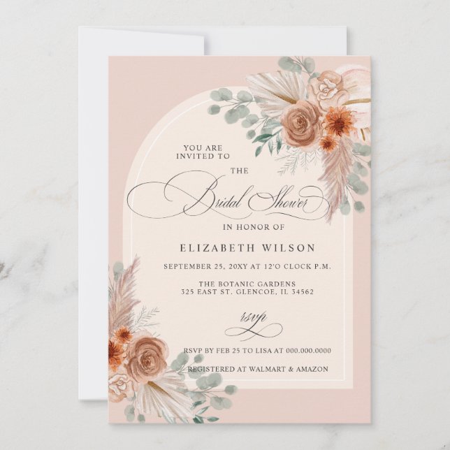 Invitación Calligraphy Boho Terracotta Pampas Bridal Shower (Anverso)