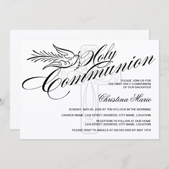 Invitación Calligraphy Dove y Cross First Holy Communia (Anverso / Reverso)