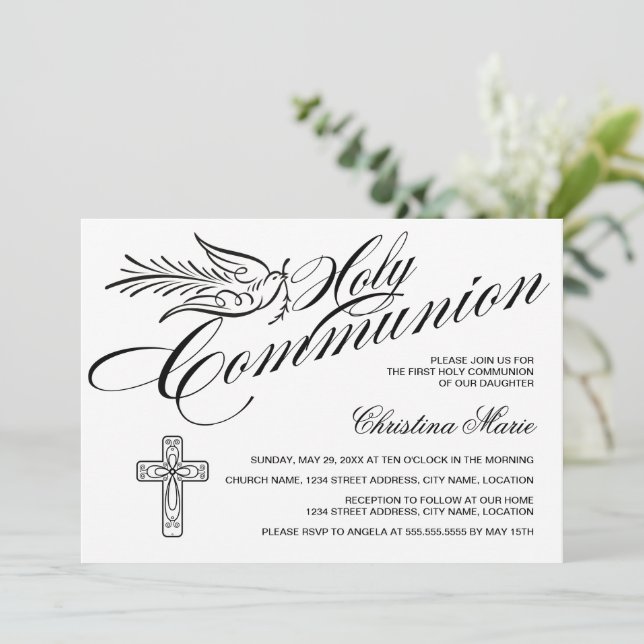 Invitación Calligraphy Dove y Cross First Holy Communia (Anverso de pie)