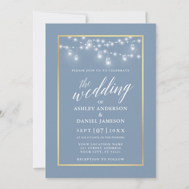 Invitación Calligraphy Dusty Blue Jar Lights Gold Boda (Anverso)